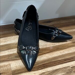 Pointed Black Women's Flats with Triple Buckle Detail